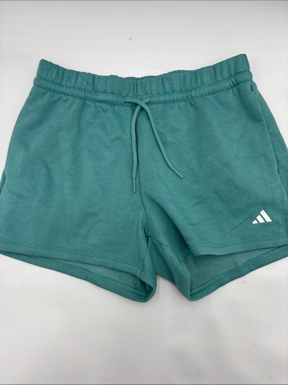 Adidas Essentials Small Logo Feel Cozy Shorts in Powder Teal/White